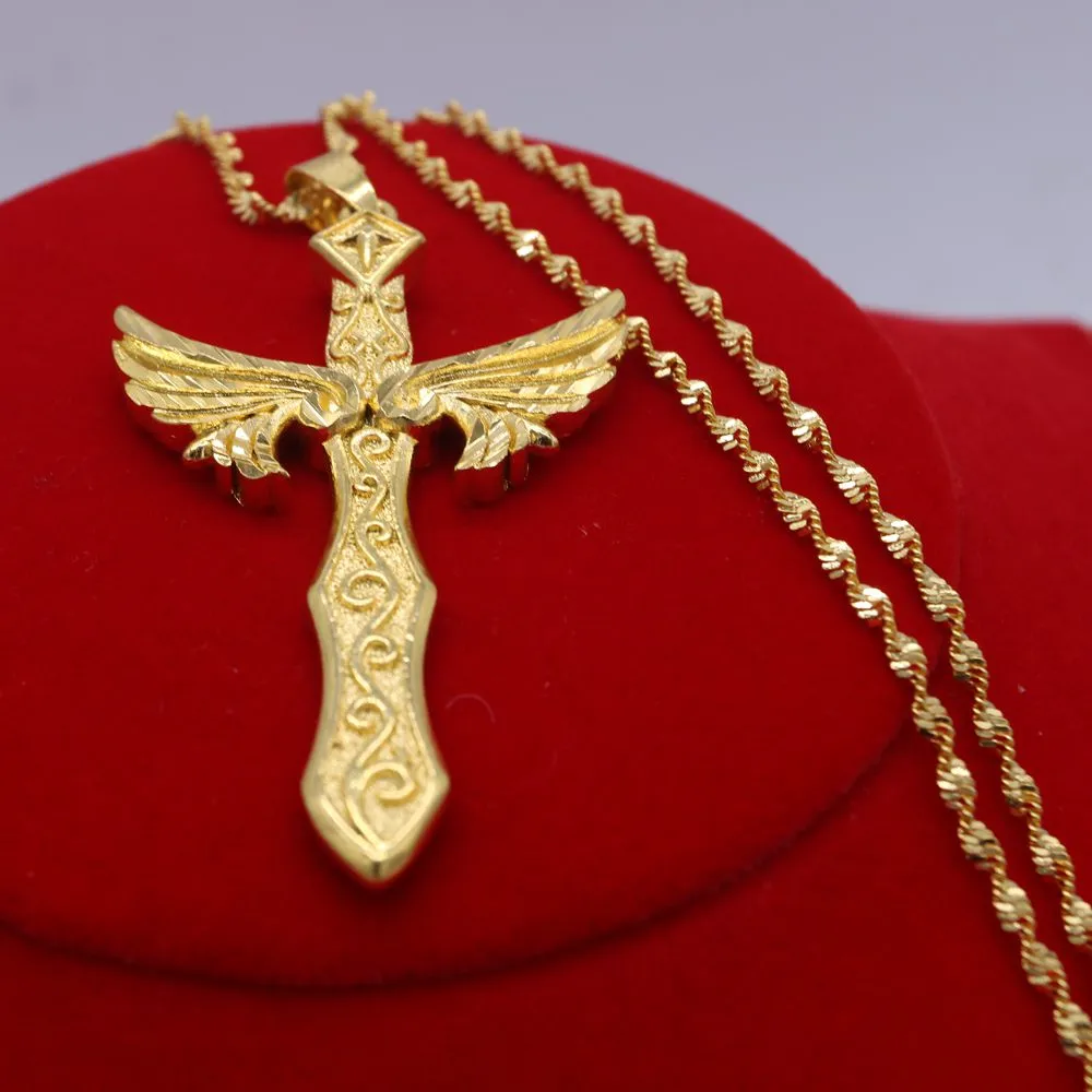 Big Angel Wings Cross Pendant Chain 18K Yellow Gold Filled Fashion