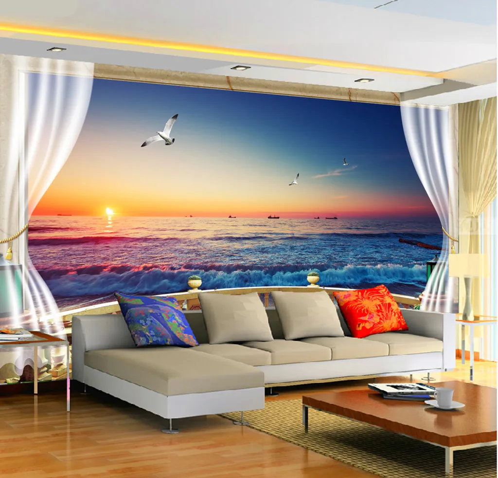 Özel 3D Duvar Kağıdı 3D Deniz Manzaralı Villa Balkon Güzel Uzay Oturma Özel 3D Duvar Kağıdı 3D Deniz Manzaralı Villa Balkon Güzel Uzay Oturma