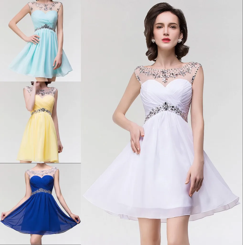 Rhinestones Beaded Short Homecoming Dresses Sheer Crew Neck Chiffon Backless Mini Cocktail Party Gown Formal Prom Wear CPS094