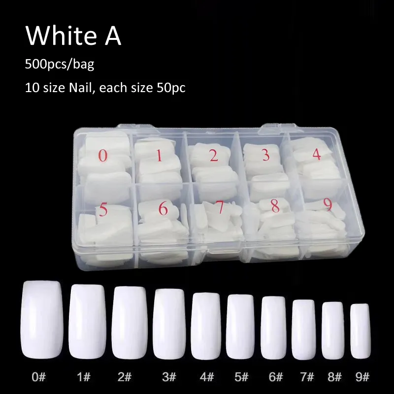 NA032 500Pcs/bag 10 Size False Full Cover Nail Tips Resin Extended Fake Nails Transparent Natural Nail Art Tips Manicure Tools