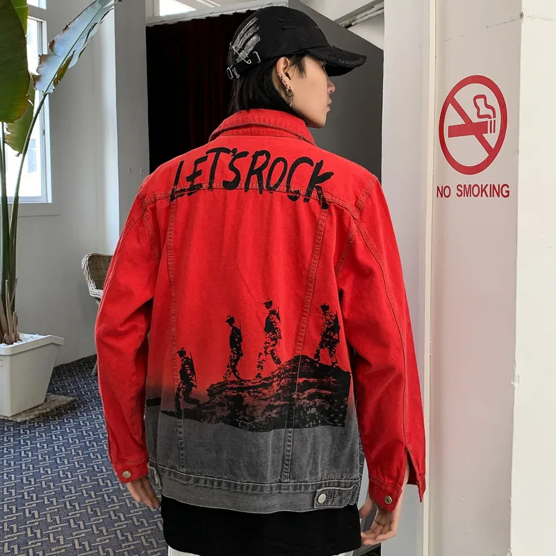 Red and black denim jacket cheap
