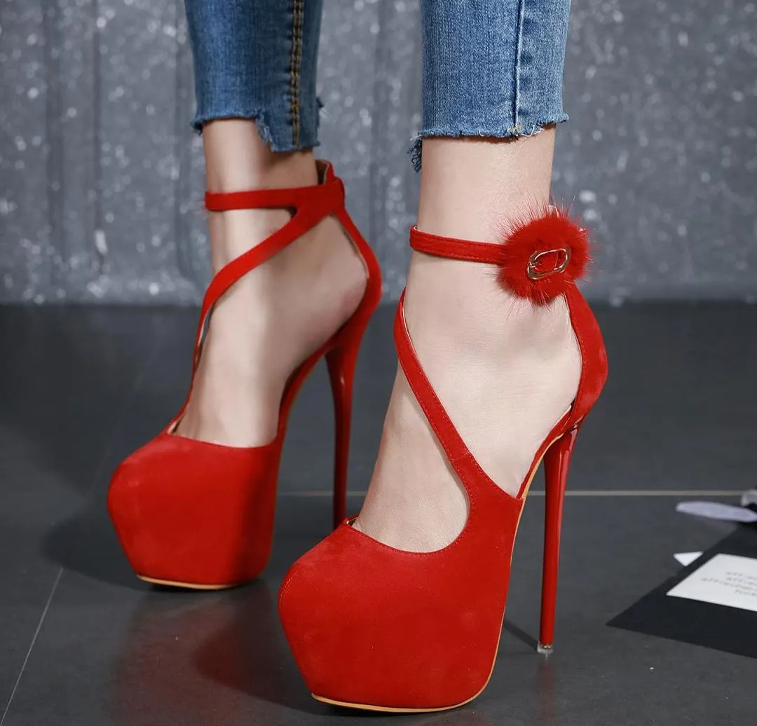 17cm with box sexy prom shoes luxury bridal wedding shoes red suede fur decorated high heels size 34 to 40