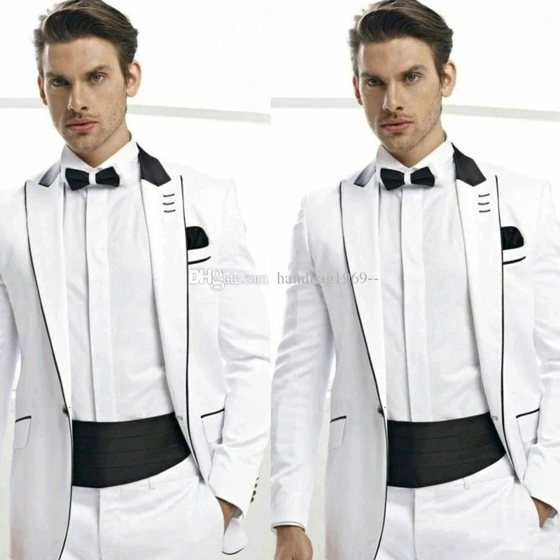 High Quality One Button White Groom Tuxedos Peak Lapel Groomsmen Mens Suits Wedding/Prom/Dinner Blazer (Jacket+Pants+Tie) K364