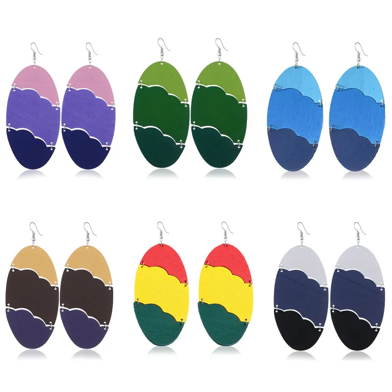 Brincos de madeira Afro Multicolor Impressão Eardrop Splicing Color Declaração Declaração De Madeira Oval Charme Brincos Jóias Atacado