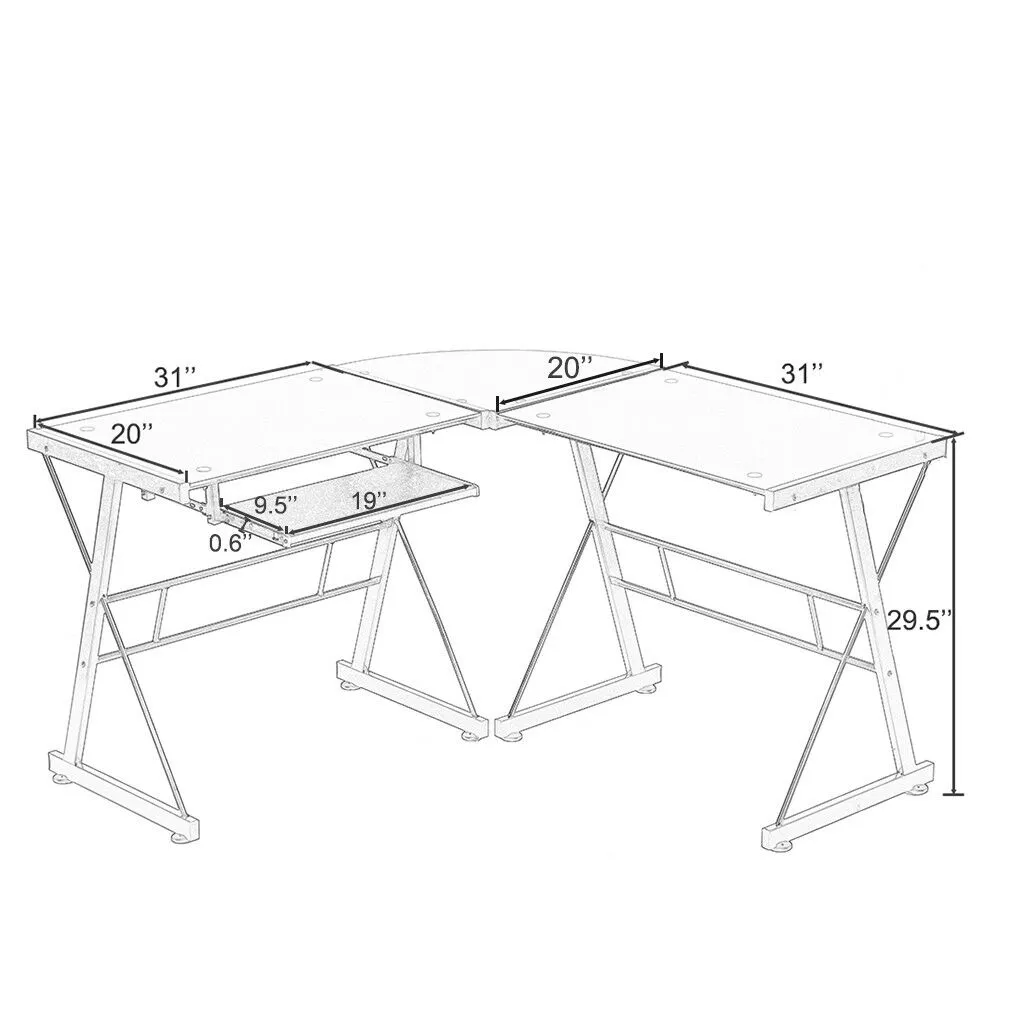New L Shaped Desk Office Computer Glass Corner Desk With Keyboard Tray