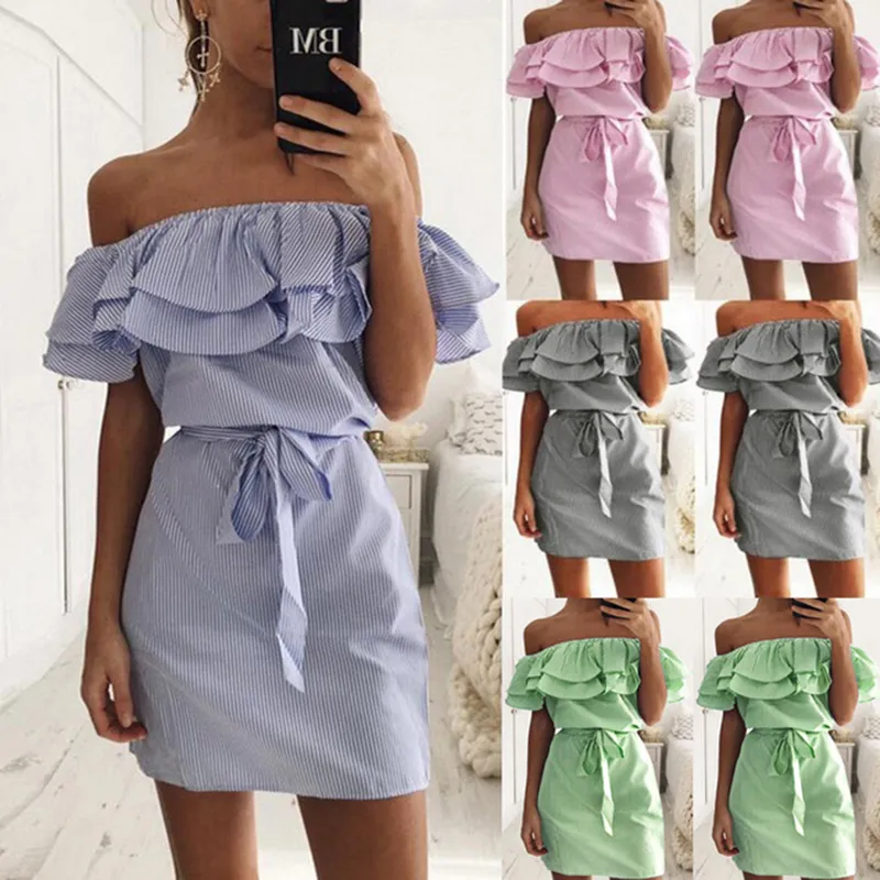 Av axel stropplös randiga ruffles klär kvinnor sommar sundresses strand casual skjorta korta mini party klänningar robe femme