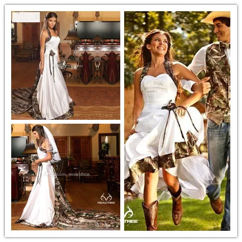 2018 Vintage Camo Bröllopsklänningar Sweetheart Halter Satin Cowgirls Camouflage Bröllopsklänningar Brudklänningar Klänningar Chapel Train