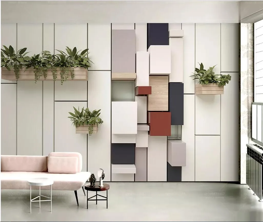 3D壁紙カスタム写真スタイリッシュな幾何学的立方体モザイク新鮮な緑の植物鍋の部屋家の装飾3D壁の壁画壁のための壁3 d