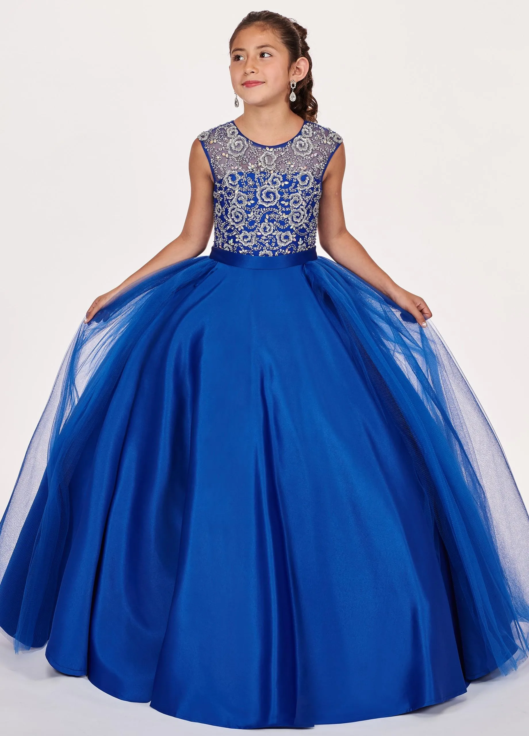 Hot Sale Royal Blue Girls Pageant Dresses Sheer Neck Hollow Back Satin Ball Gowns Beading Sequin Prom Party Dress For Kids Girls 15
