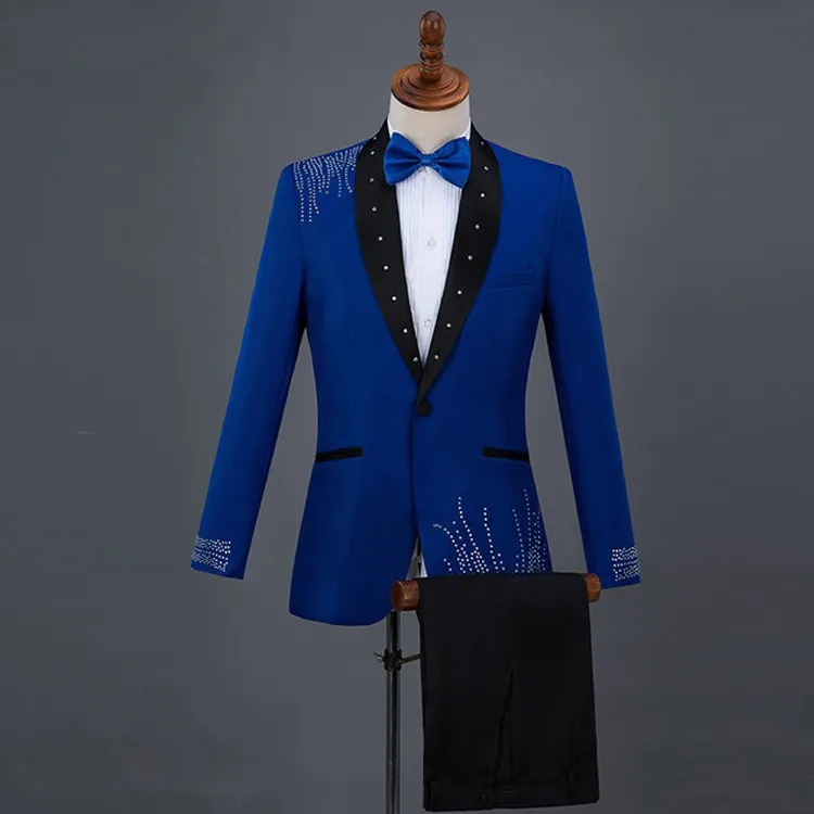 Erkek Vintage Düğün Smokin Kraliyet Mavi Sequins Siyah Şal Yaka Damat Giymek Pantolon Resmi Erkekler Balo Parti Ceketler Blazer Suits (ceket + Pantolon)