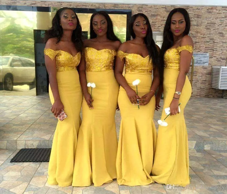 African New Yellow Sequins Bridesmaid Dresses Long Elegant Mermaid Off Shoulder Maid Of Honor Bridesmaids Party Dresses