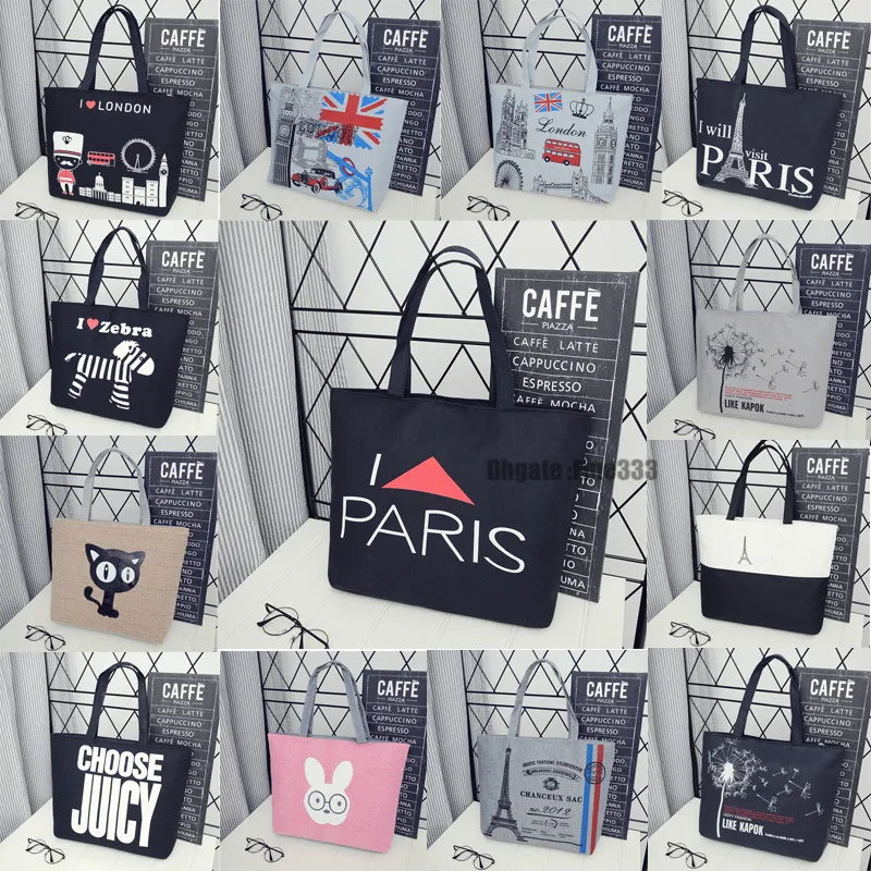 Cartoon Fashion Shopping Bag 16Colors Woman Paris Handbag Canvas Student bags Free shipping Via DHL Fast Arrived