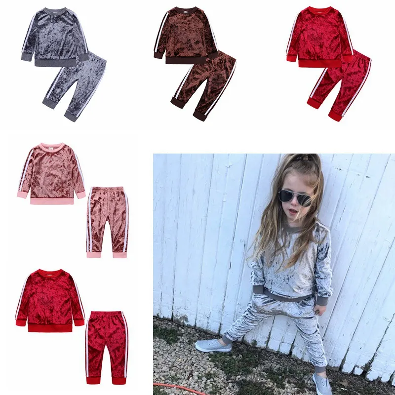 Autunno Inverno Bambini Vestiti di velluto Set Neonate Designer Abbigliamento casual Tute Addensare Top Pantaloni Due pezzi HHA696