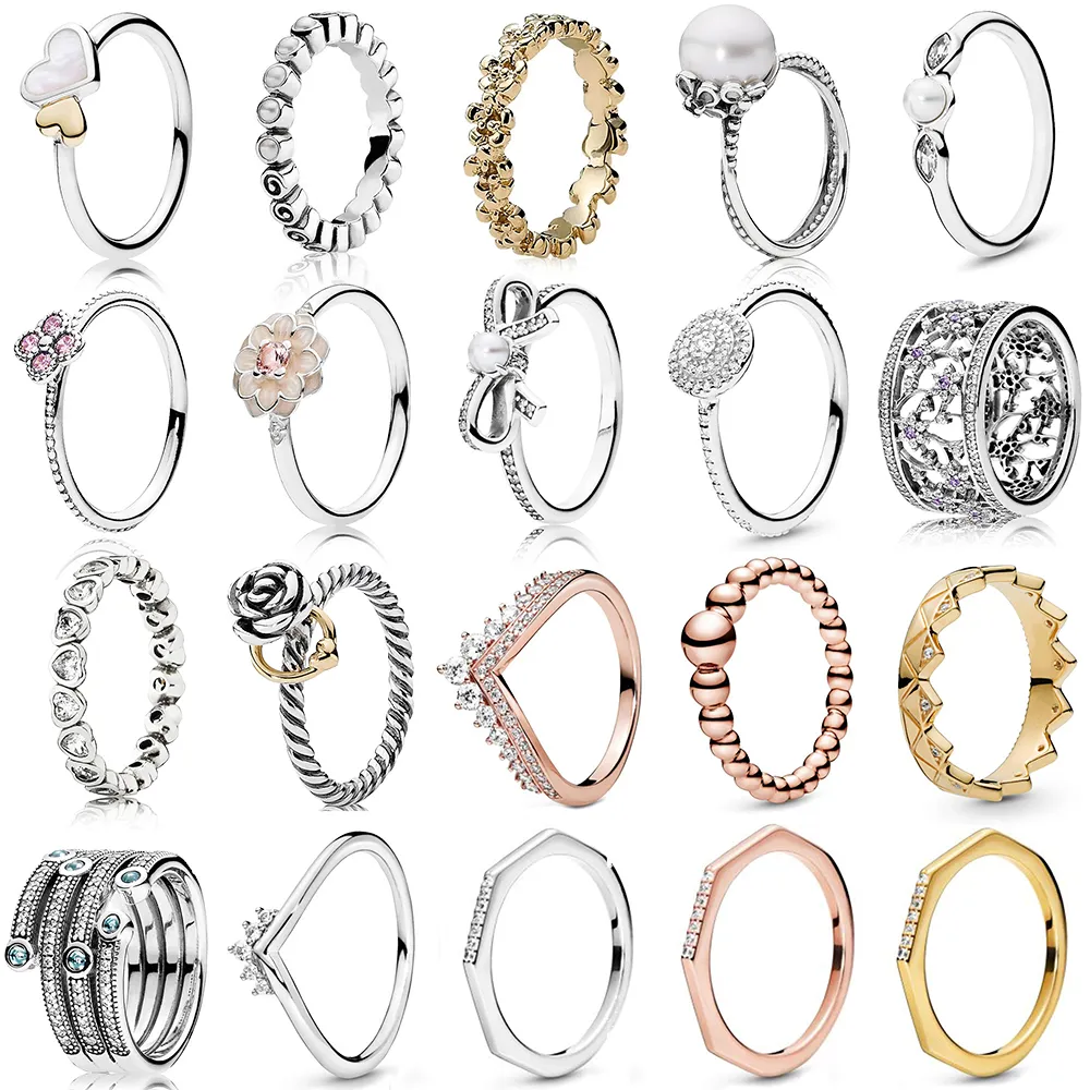 Ny 2019 100% 925 Sterling Silver Pandora Rose Gold Princess Wishbone Glöm mig inte Ring för Europa Kvinnor Original mode smycken gåva