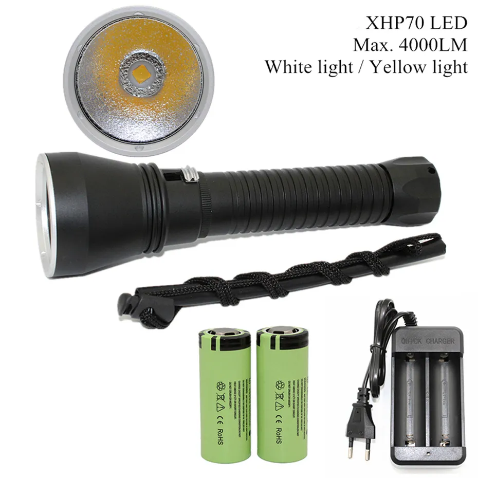 Cree XHP70 LED lampe de poche étanche jaune/lumière blanche 4000 Lumens torches de plongée 26650 torche sous-marine 100M chasse sous-marine LED lampe de plongée