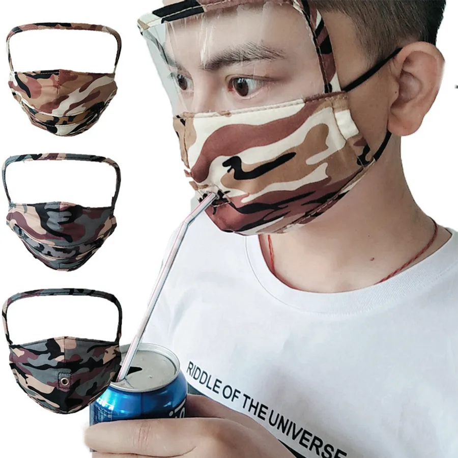 2 in1 Camouflage Face Mask With Transparent Eye Shield Washable Reusable Cotton Face Masks Zipper Hole Drink Mouth Face Masks RRA3265