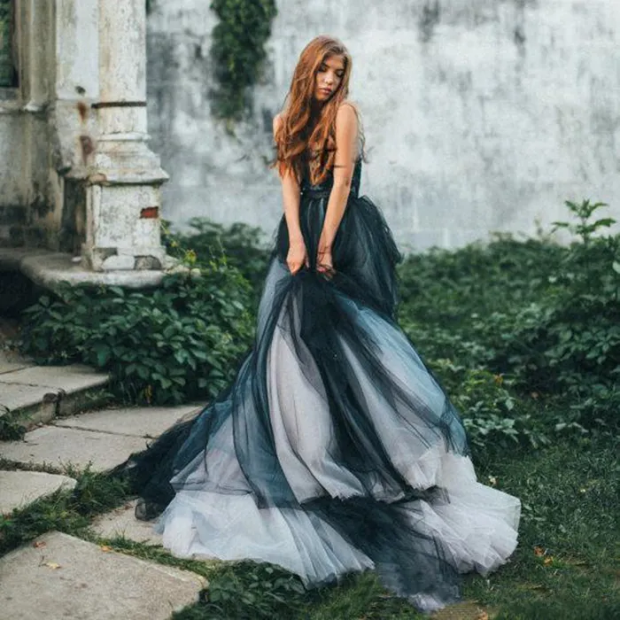 Vintage Black Gothic Wedding Gown with Lace Applique, Cap Sleeve, V-Neck, Tulle Sweep Train Bridal Dress Vintage Black Gothic Wedding Gown with Lace Applique, Cap Sleeve, V-Neck, Tulle Sweep Train Bridal Dress