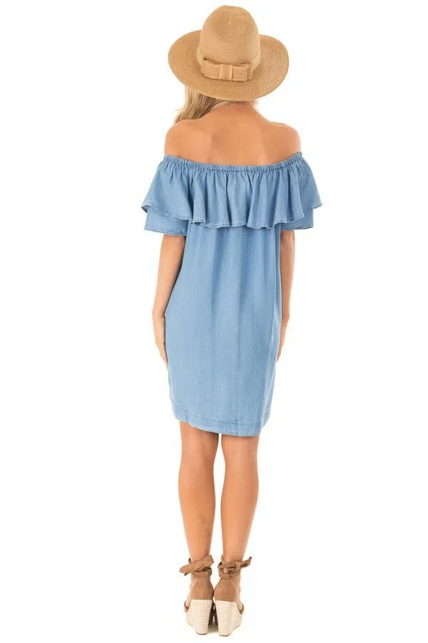 Womens Sexy Off Shoulder Denim Shirt Dress: Ruffle Jeans