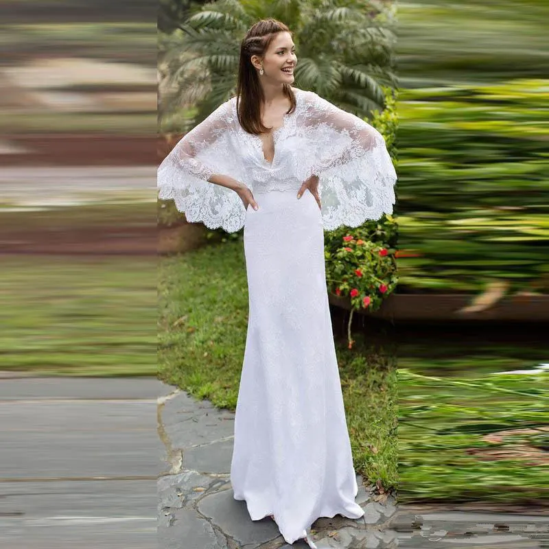 White Lace Beach Wedding Dresses Batwing Sleeves Deep V Neck Elegant