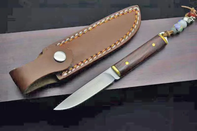 Small Survival Straight Hunting Knife 440C Satin Blade Full Tang Rosewood Handle Fixed Blade Knives With Leather Sheath