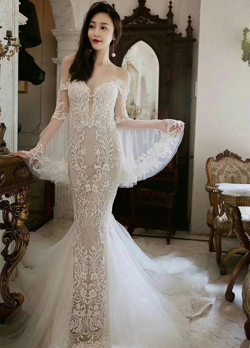 Robe De Mariee Chinoise Sleeves Transparentes Au Large De Lepaule Dentelle En Tulle Sirene Robe De Mariee Du 333 81 DHgate