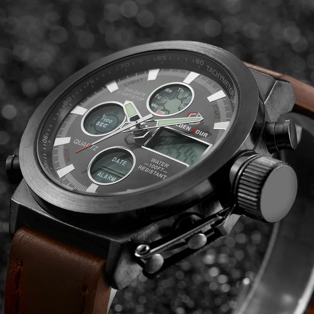 Goldenhour Dropship Мужчины Quartz Watch Digital Display Нарученные часы военные кожа