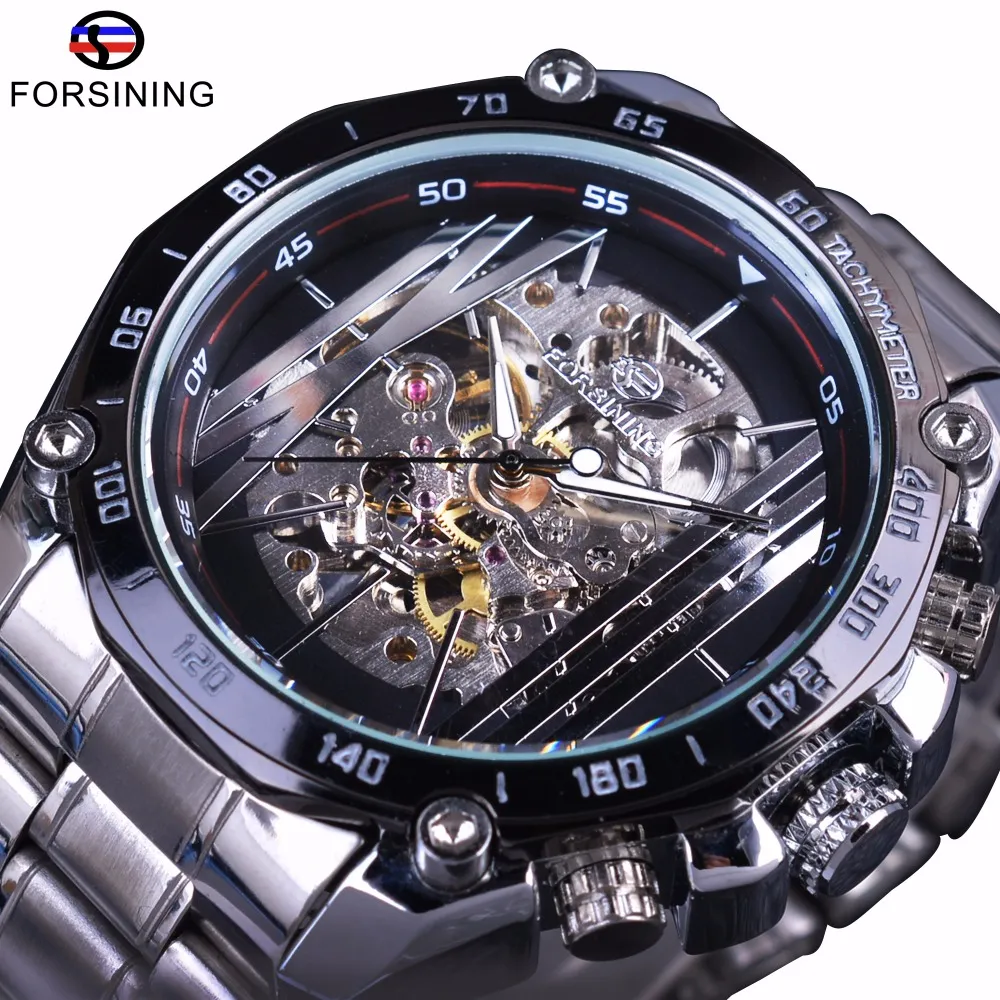 ForSining Military Watch Sport Design Automatisk transparent silver rostfritt st￥l skelett mekaniska klockor Toppm￤rke lyx