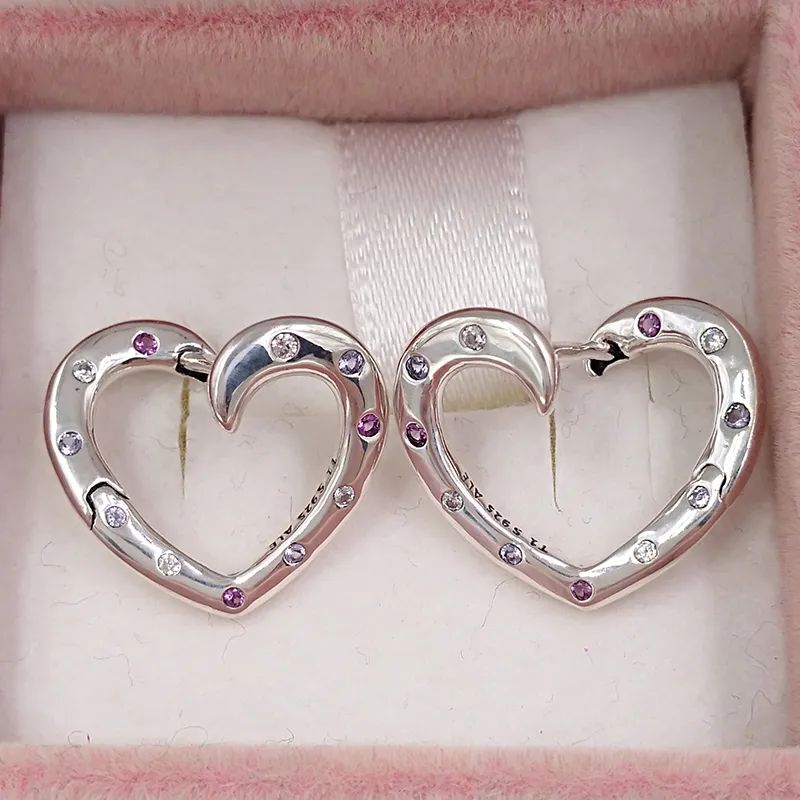 Studs Bright Hearts Hoop Kolczyki Royal Purple Lilic Crystals Clear Cz Authentic 925 Srebrny pasuje do Europejskiej Pandora Andy Jewel 297231nrpmx