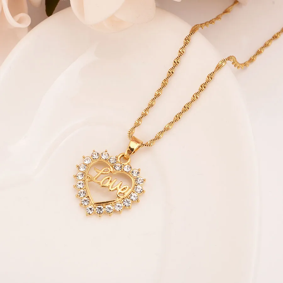 Moda miłość serce biały CZ Crystal 22 K 23 K 24 K Thai Baht Fine Gold Splated Carring Endant Naszyjnik Zestawy biżuterii Women260C