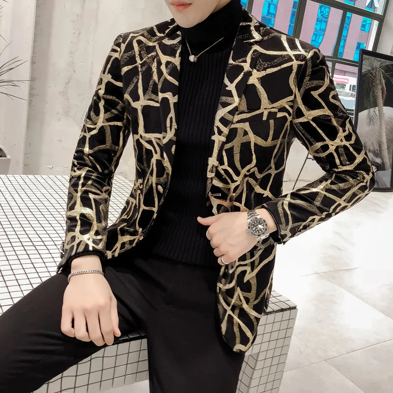Gouden van hoge kwaliteit Goud Velvet Blazer Fashion Korean Slim Print Men's Blazer Jackets Men's Prom Club Dress Suit jas Masculino M-5XL