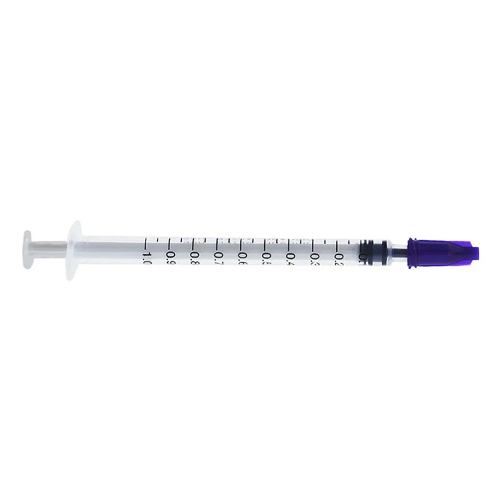 Dispensing Syringes 1cc 1ml Plastic with Tip Purple Cap Pack of 100