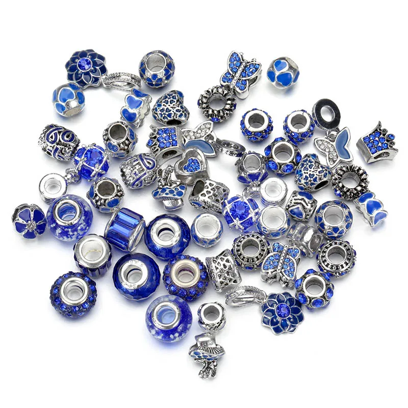 50 Pieces European Large Hole Spacer Beads Assortments Charm Beads Rhinestone Beads Supplies for Necklace Bracelets Jewelry Making, Women's, Blue