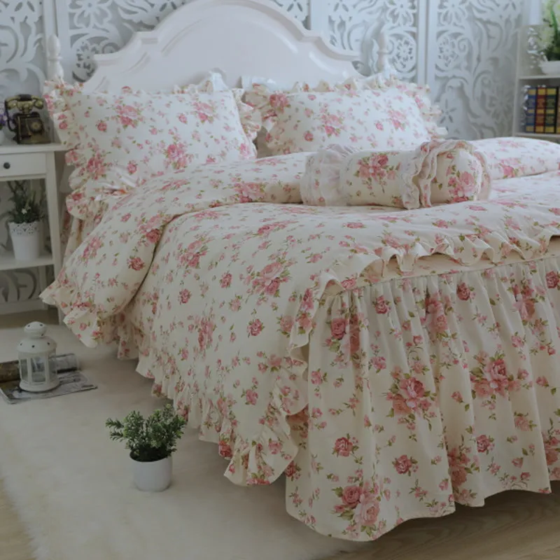 New Garden Flower Print Bedding Set Quality Full Cotton Ruffle Duvet Cover Elegant Bed Sheet Skirt Type Princess Bedspread T200706