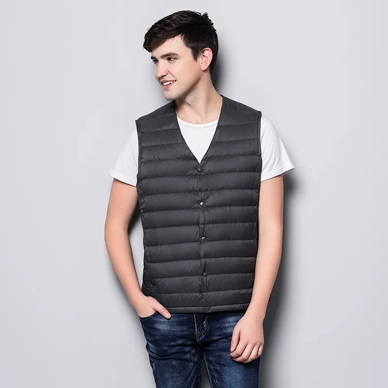 New Man Ultra Light Down Vest Spring Autumn Sleeveless V-Neck Vest Male Casual Winter Collarless Waistcoat