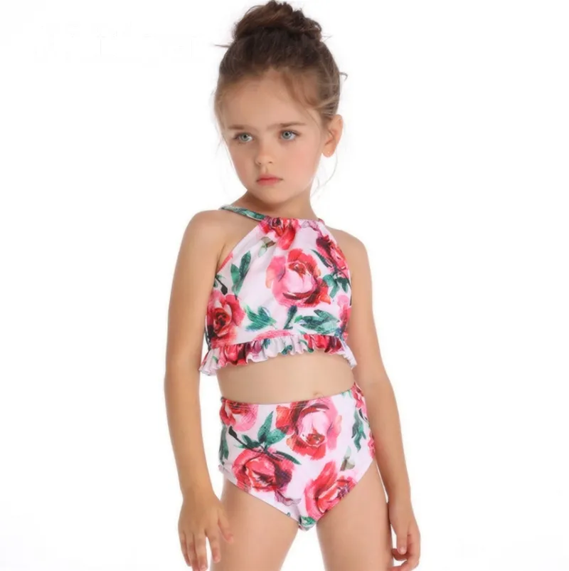 Bebés Meninas Swimwear Ruffled menina Trajes de banho Shorts 2pcs Sets Rose Impresso crianças de banho Verão de Natação Roupa frete grátis DHW2994