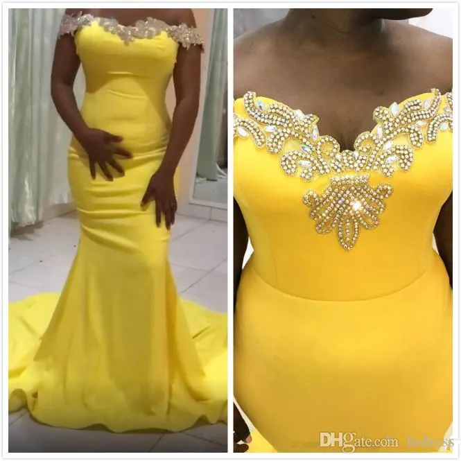 ASO EBI Arabische Dubai Geel Sexy Mermaid Avondjurken Kralen Kristallen Satijn Vloer Lengte Prom Jurken Formele Partyjurken Groos De Soiree