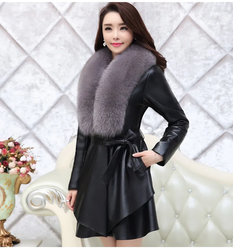 Leather Fur Women Coat Long Faux Leather Slim Jackets Big Fur Collar Fashion Lady Elegant Outwear Coat Tops 6 782 DHgate