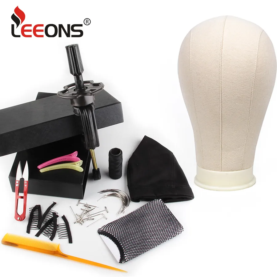 Leeons peruca fazendo kit manequim cabeça de canvas bloco cabeça peruca 11 pcs fazendo ferramentas cúpula cap cabelo pente de cabelo pinos