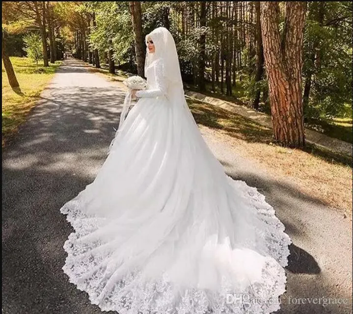 2019 الإسلام مسلم فستان الزفاف خمر ألف خط الرقبة عالية الأكمام طويلة حديقة حديقة ثوب الزفاف مخصص زائد الحجم
