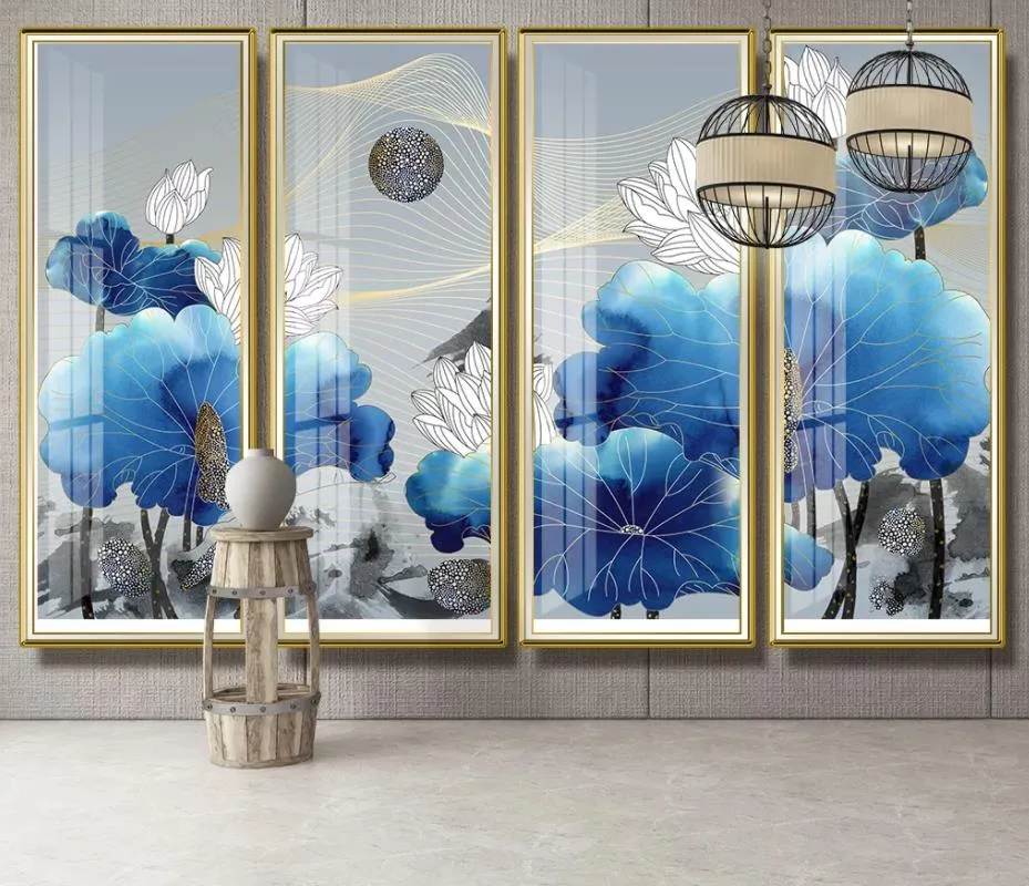 Nueva línea china dibujo tinta loto arte abstracto luz lujo TV Fondo pared pintura azul patán papel tapiz