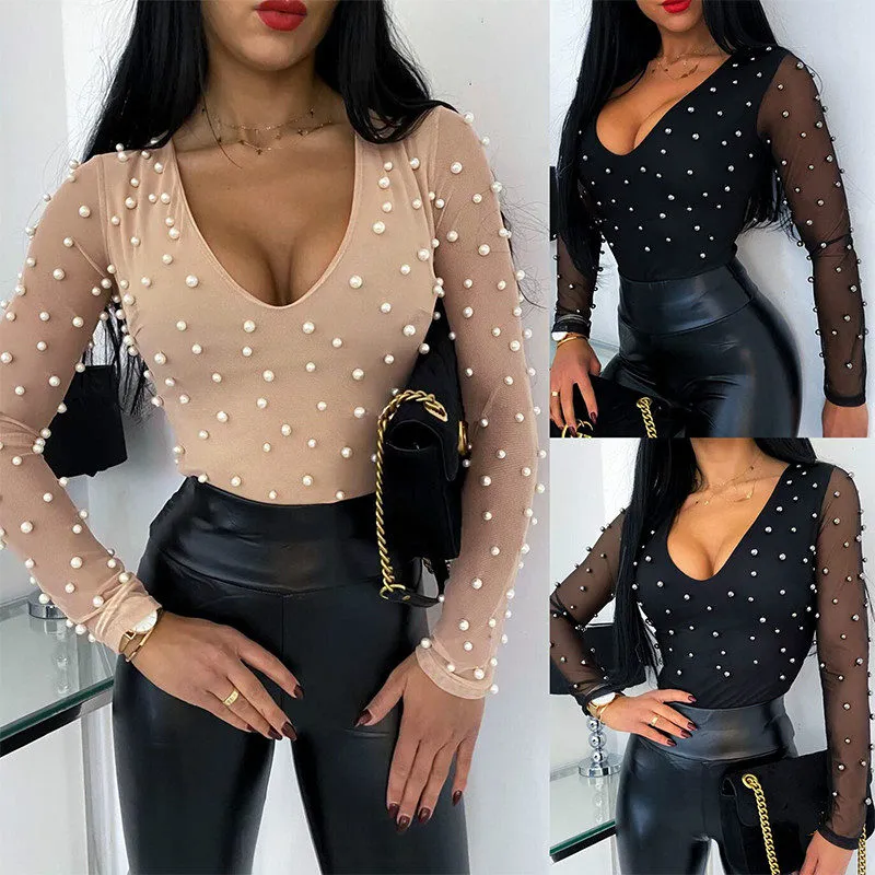 Fashion Sexy Beading Mesh See Through Low Cut Skinny Long Sleeve Women Blouse Sexy Tops and Shirt Long Sleeve Women Shirt