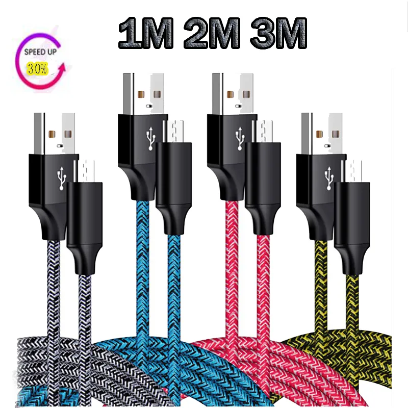 USB-kabel 1m 3ft 2M 6ft 3M 10ft Braid Micro USB Cord 2.4A Fast Data Sync Type C Oplaadlijnen voor Telefoon X Huawei P30 LG Android