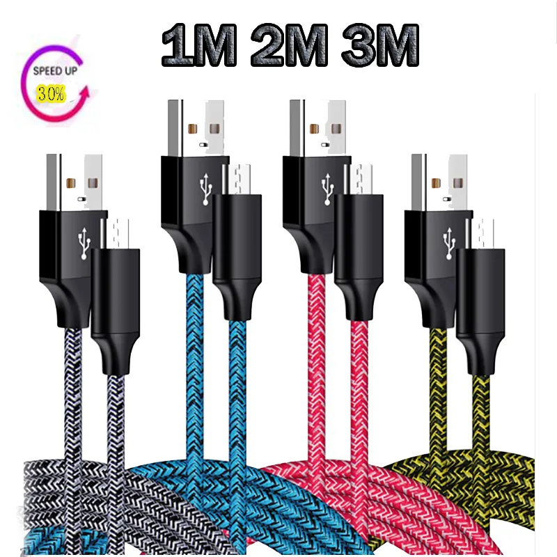 كابل USB 1 متر 3ft 2 متر 6ft 3m 10ft جديلة القادم مايكرو USB الحبل 2.4a بيانات سريعة مزامنة نوع C شحن خطوط شحن الهاتف X Huawei P30 LG الروبوت