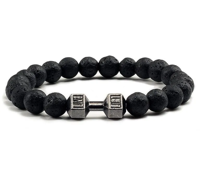 Naturlig Black Volcanic Lava Stone Dumbbell Armband Svart Matt Pärlor Armband För Kvinnor Män Fitness Barbell Smycken Pulseras GB878