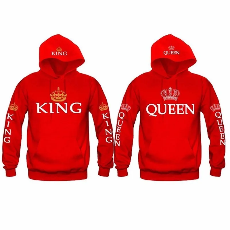 Herfst nieuwe paar hoody queen king kroon afdrukken blauwe mannen vrouwen hoodie mode liefhebbers rood trendy sweatshirt casual hooded