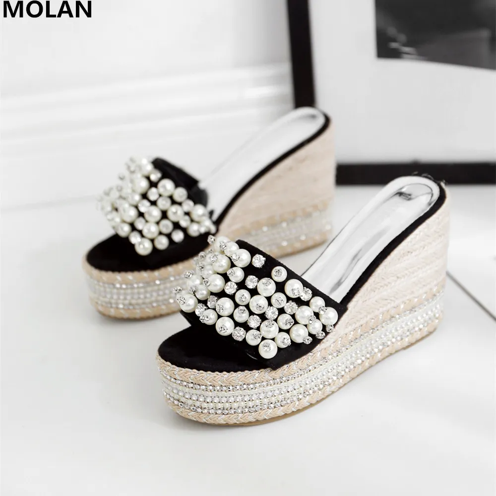 MOLAN Designers 2019 Summer Pearl Bling Zeppe Piattaforma Tacchi alti Lady Pumps Slip On Mocassini Ciabatte Infradito