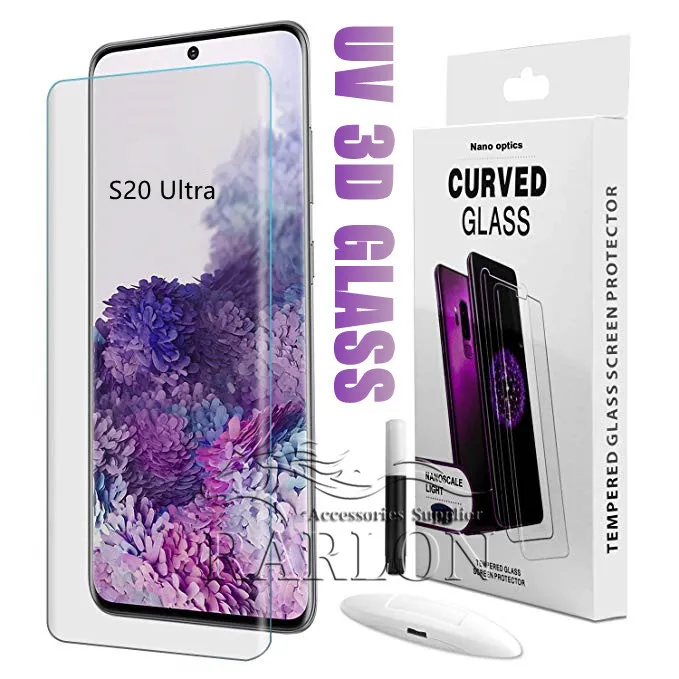 Vloeistof vol lijm kas vriendelijke schermbeschermer gehard glas met UV -licht voor Samsung Galaxy S23 S22 Ultra S21 plus S20 S10 S9 S8 Opmerking 20 10 9 8