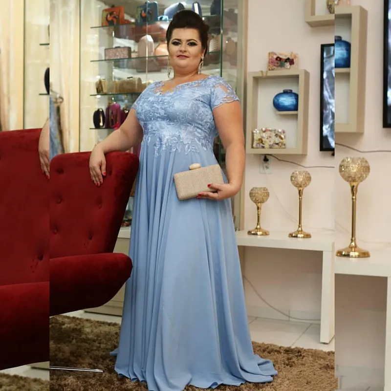 Sky Blue Lace Chiffon Long Mother Of The Bride Dress Plus Size