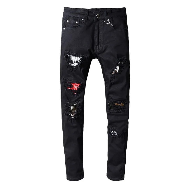 Yeni Stil erkek Sıkıntılı Kot Rozeti Tahrip Pantolon Nervürlü Yamalar Mavi Sıska Biker Jeans İnce Pantolon Streetwear