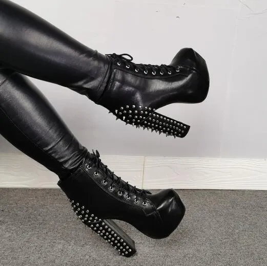 Punk Style Black Leather Spikes Lace Up Platform Ankel Boots Round Toe Chunky Heels Party Club High Heels Short Boots Skor